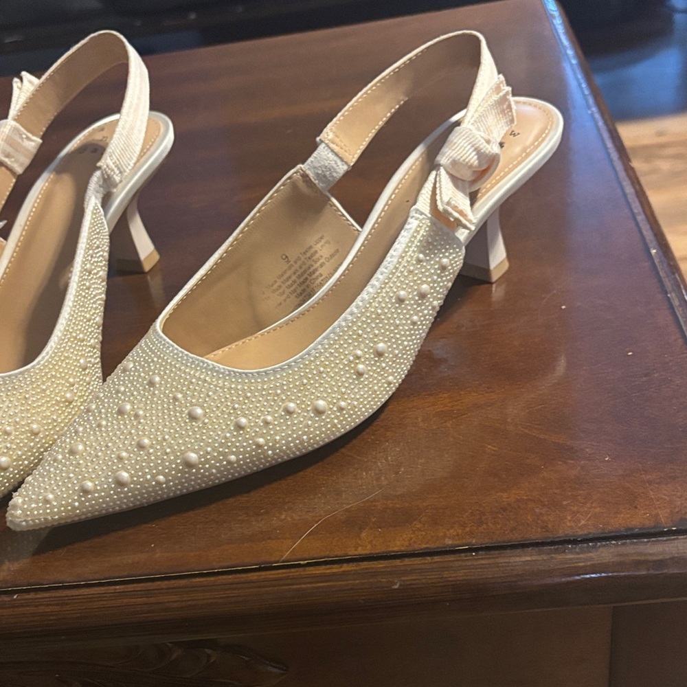 A New Day Elegant Cream Slingback Heels with Pearl Detailing